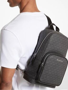 Michael Kors Everett Charcoal Monogram Backpack with MK Silver accent